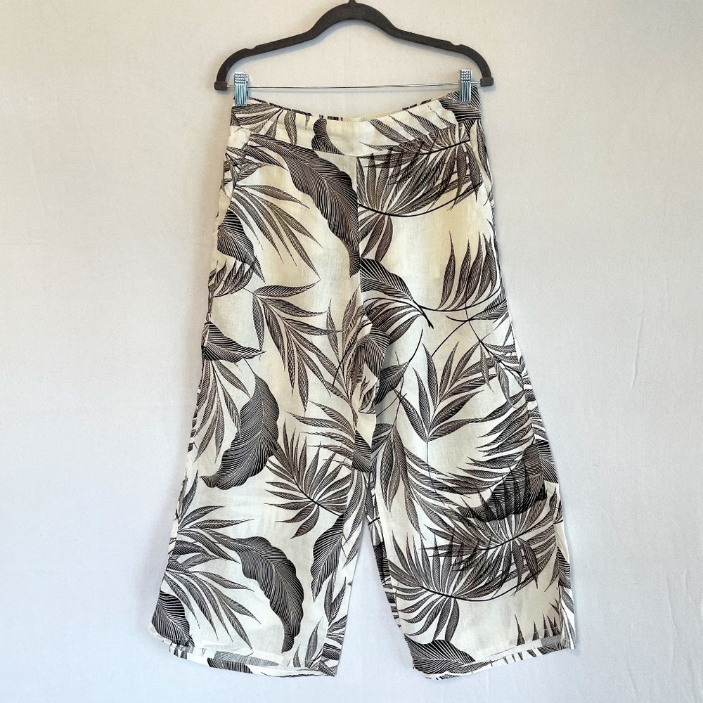 TAHARI Women's Size Medium100% Linen Wide Leg Pants Tropical Leaf Print